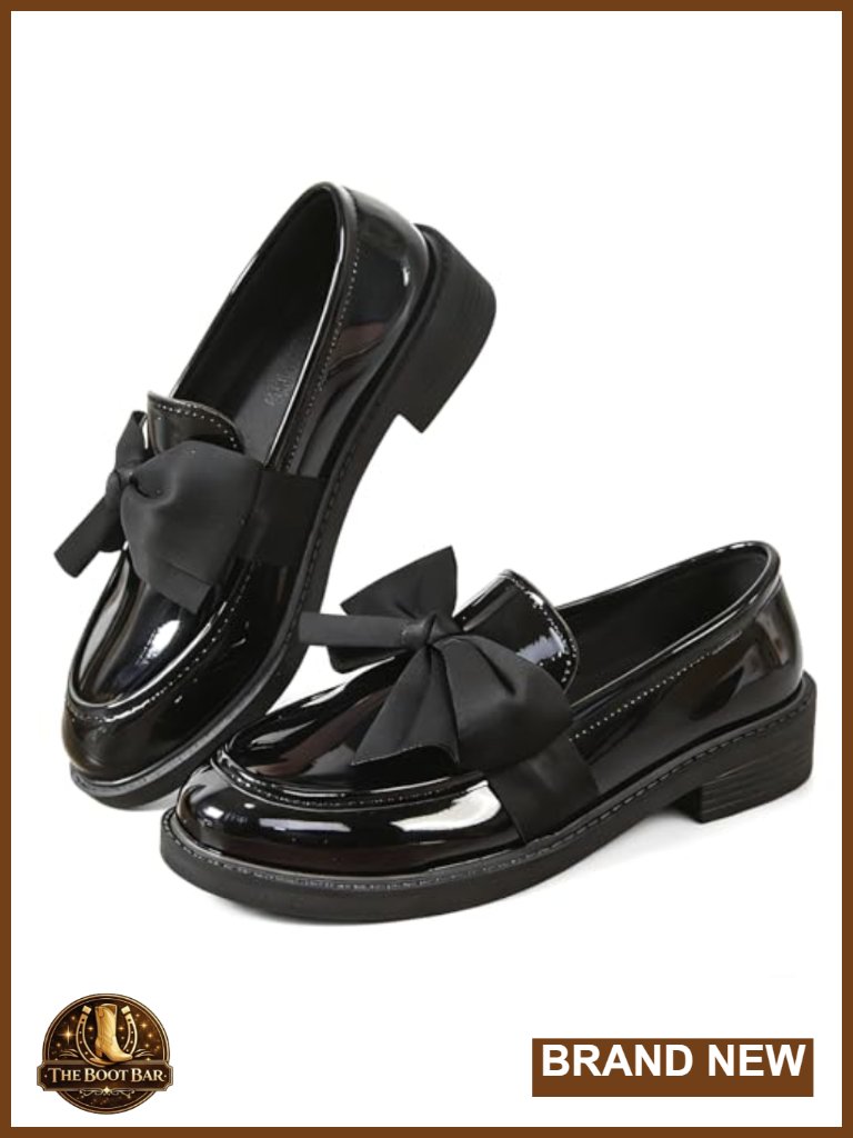 Patent Leather Bow Loafers For Women Comfort Round Toe Slip On Low Chunky Heel